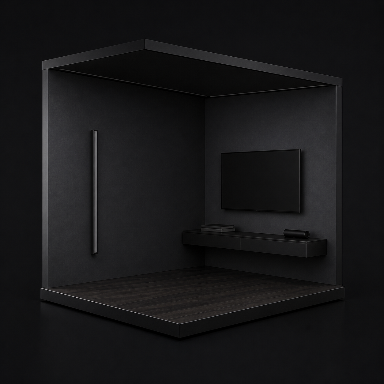 A dark Ilumefy room with ceiling strips, a wall light bar, TV bias lighting, and a floating console